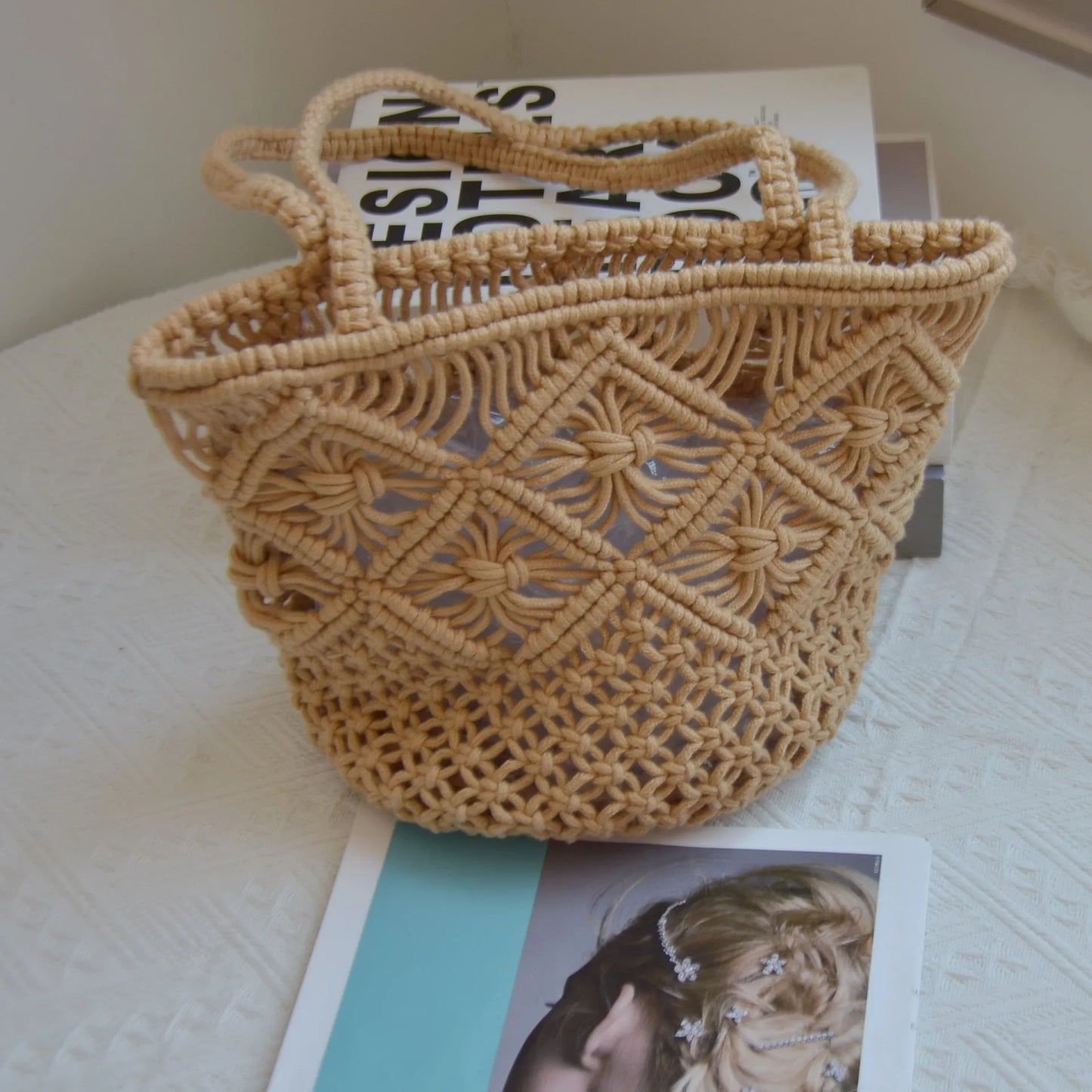 Handwoven Cotton Thread Bucket Bag Woman Fashion Simple One Shoulder Handbag Straw Woven Bag