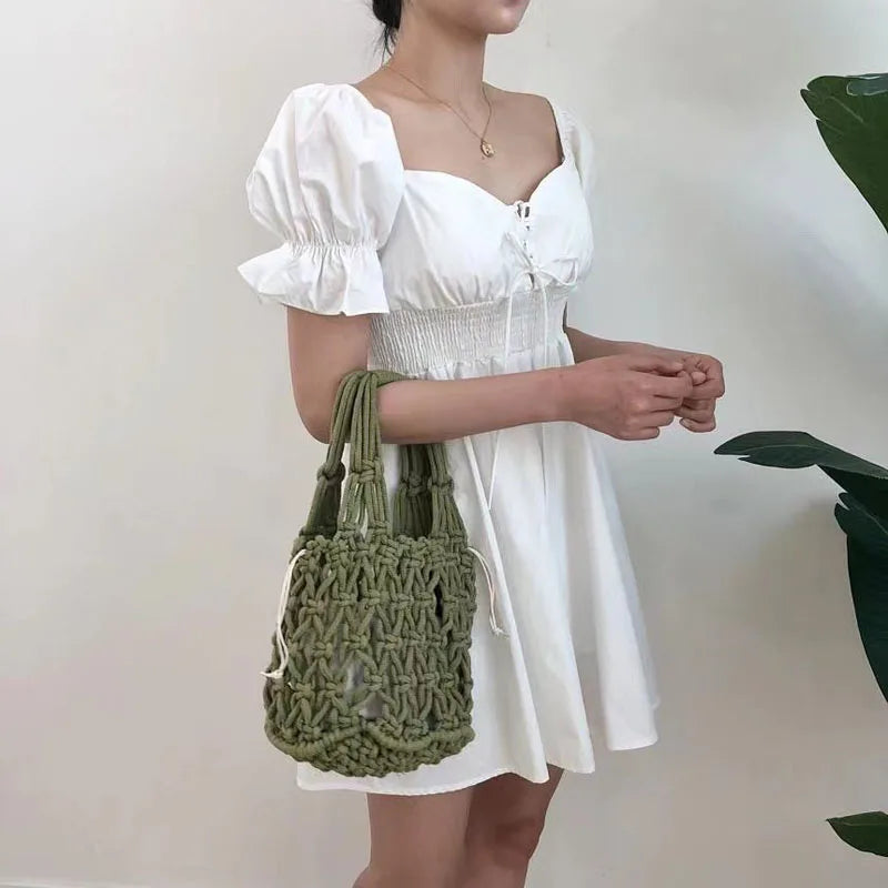 Handmade Coarse Cotton Tote Bag Beach Straw Handbag Woven Fishing Net Hollow Out Shoulder Bags