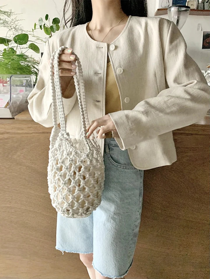 Women Bohemian Woven Shoulder Bag, Lightweight Hollow Out Bucket Purse Handbag with Long Handle Summer Beach Casual Tote