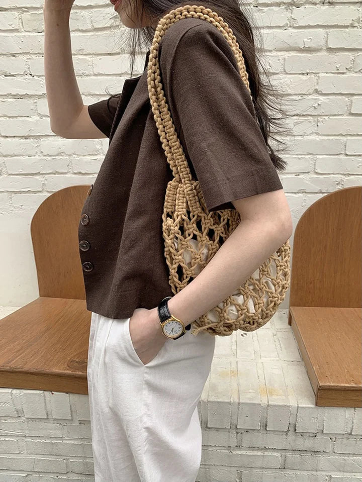 Women Bohemian Woven Shoulder Bag, Lightweight Hollow Out Bucket Purse Handbag with Long Handle Summer Beach Casual Tote