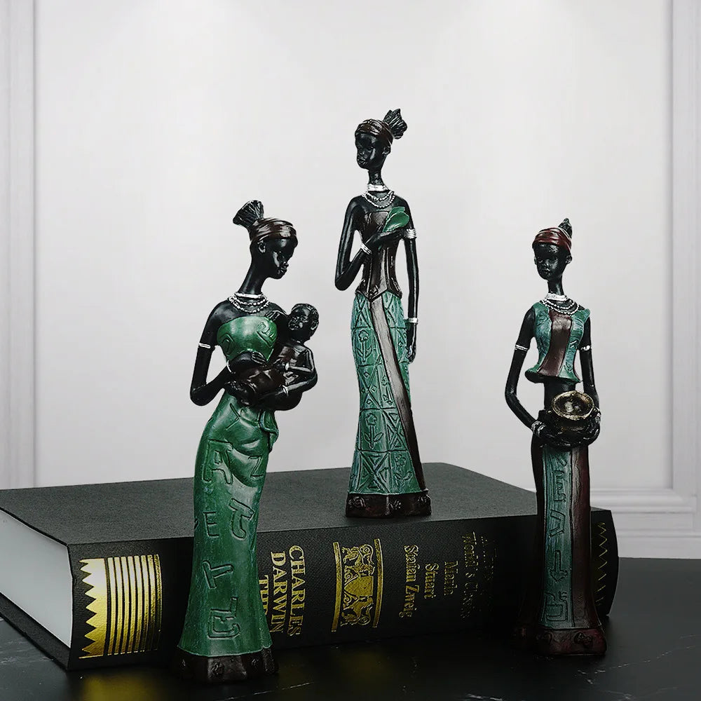African Tribal Women Art Piece (Set of 3, Green and Black Color)