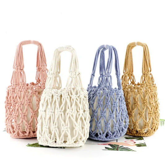 Handmade Coarse Cotton Tote Bag Beach Straw Handbag Woven Fishing Net Hollow Out Shoulder Bags