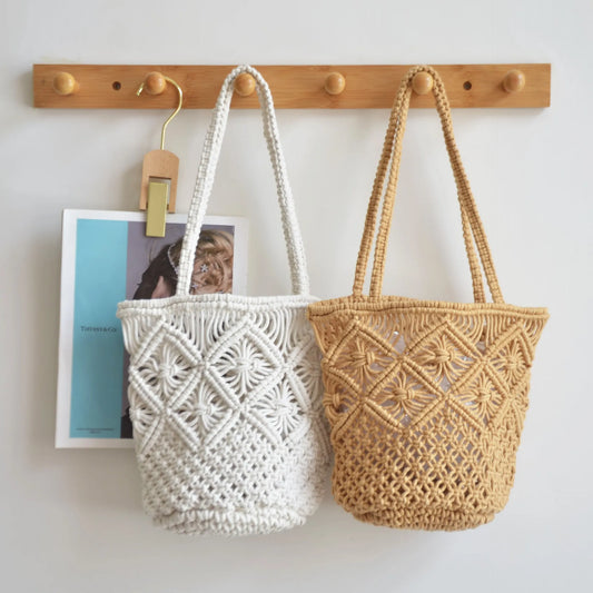 Handwoven Cotton Thread Bucket Bag Woman Fashion Simple One Shoulder Handbag Straw Woven Bag